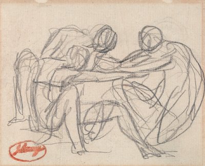 Due figure inginocchiate che lottano con una figura seduta da George Romney